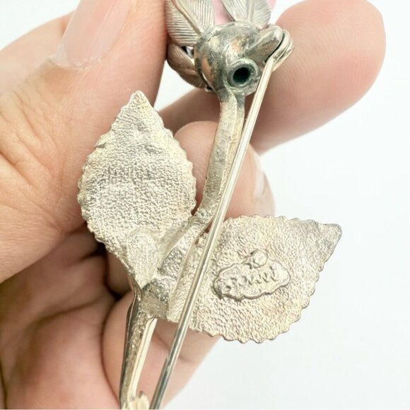 Vintage GIOVANNI Signed Silver Tone Pink Rose Stem Brooch - Picture 5 of 9